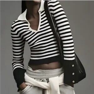 Anthropologie Maeve Bell Sleeve Ribbed Knit Polo Sweater Sz S Black V Neck Prep